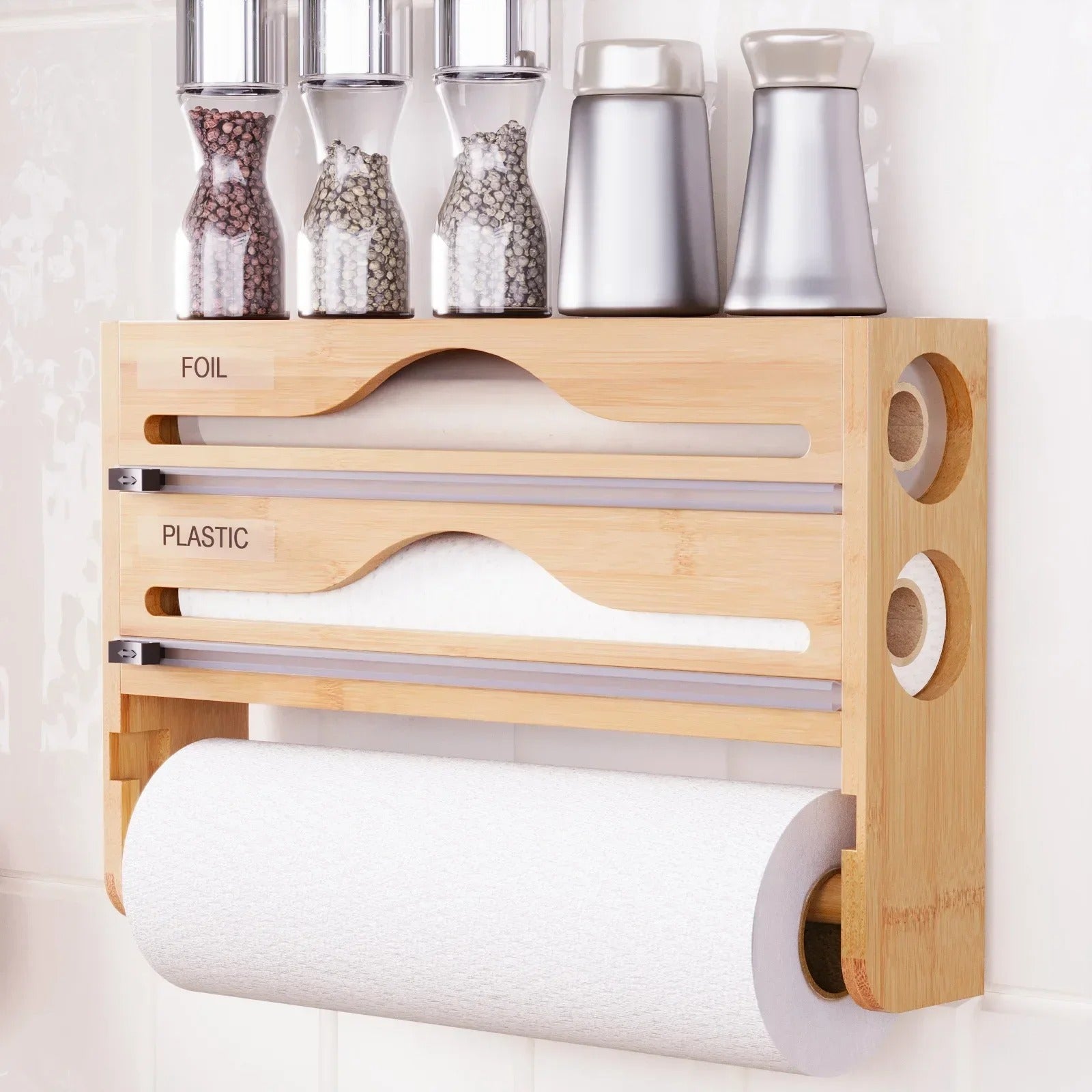 Bamboo 2-Grid Cling Film & Foil Cutter Box with Wall-Mounted Paper Towel Shelf