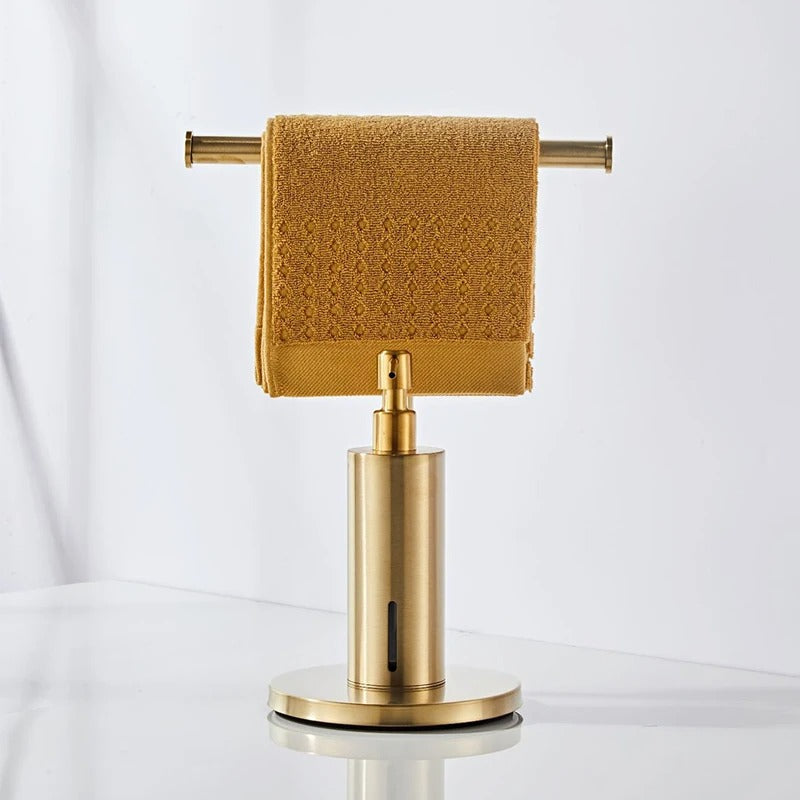 Gold Wall-Mounted Soap Dispenser with Towel Rack for Bathroom & Kitchen