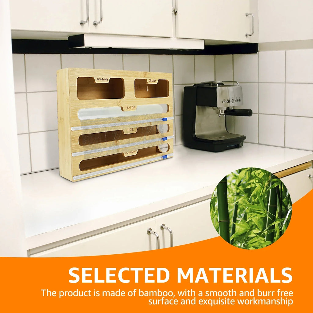 5-in-1 Bamboo Kitchen Wrap Dispenser with Sliding Cutters & Zip Bag Storage