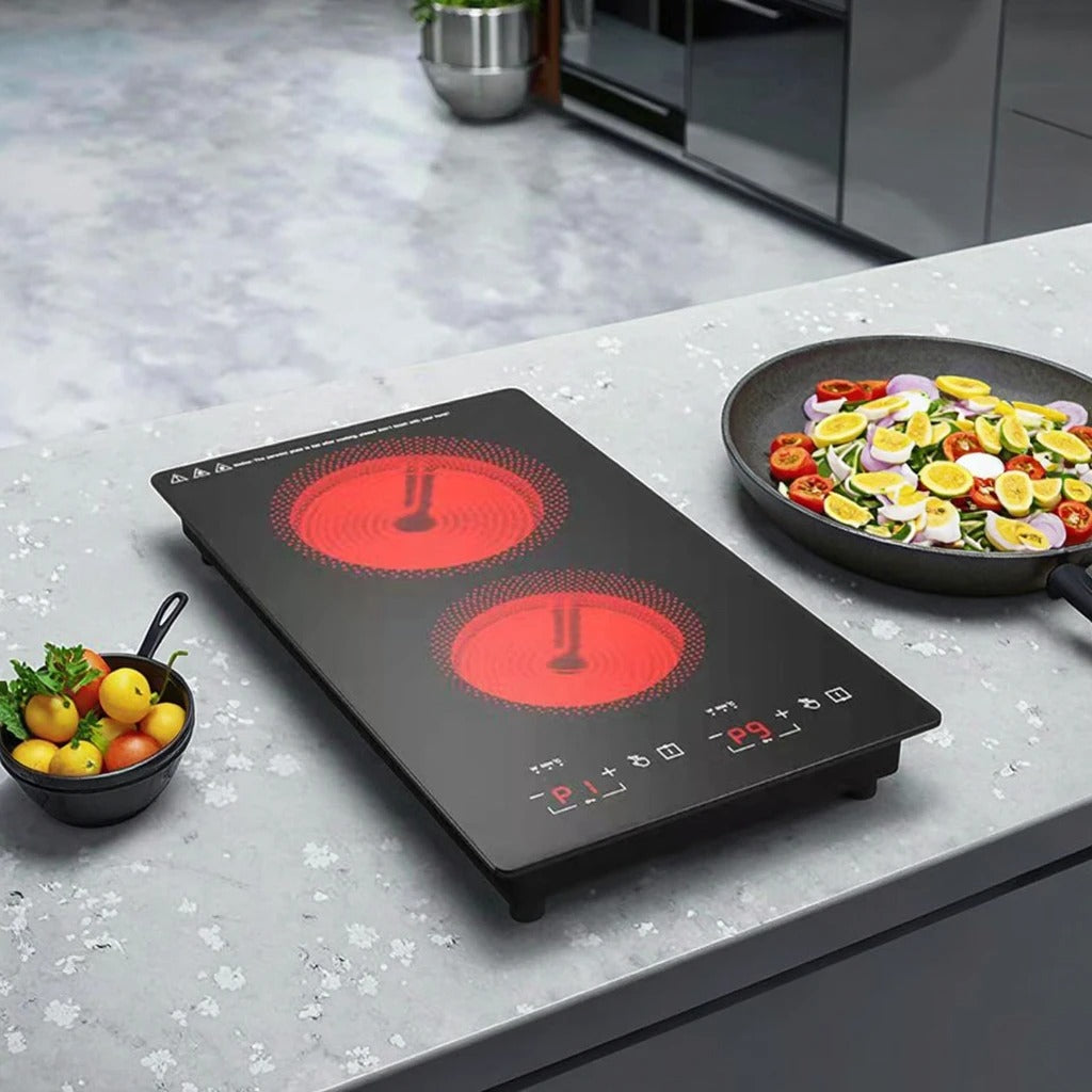 Dual Burner Electric Cooktop, Glass Surface, Touch Control, 2400W, Built-In Design