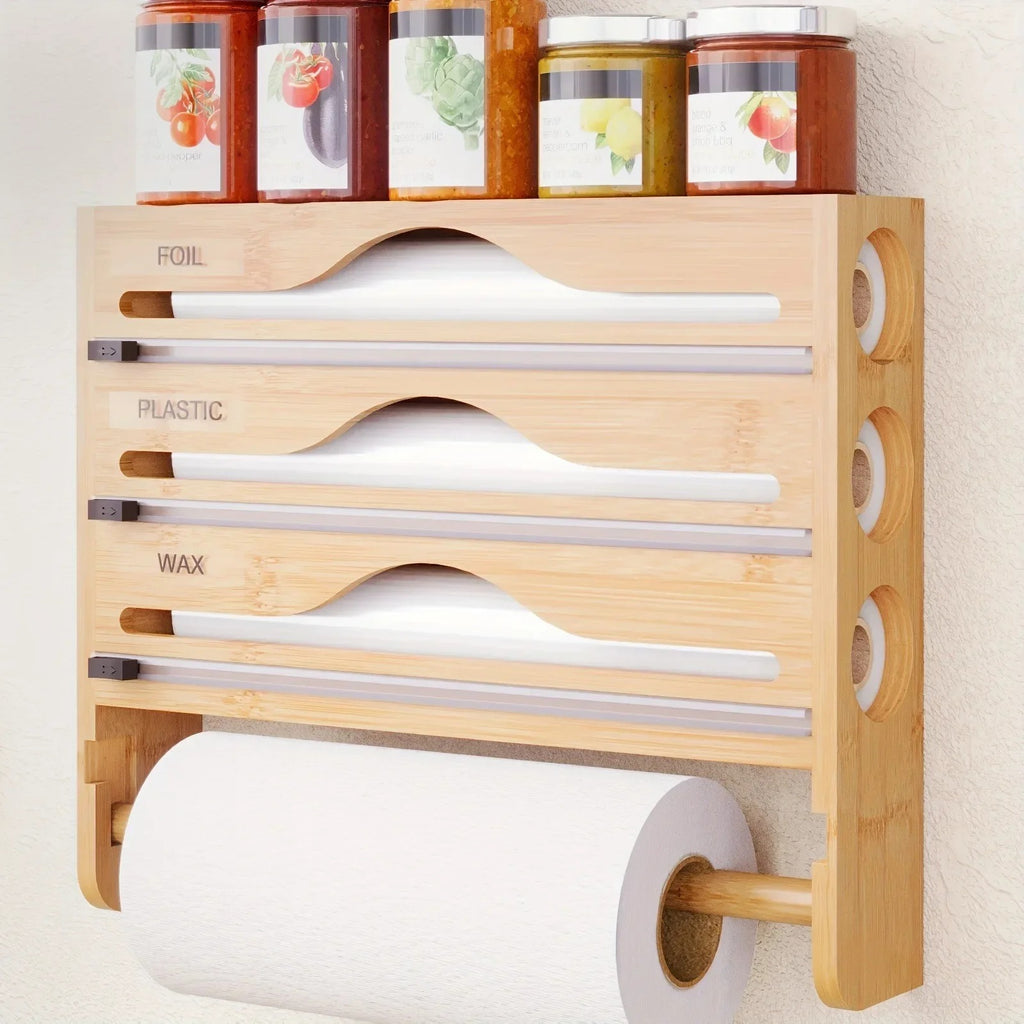 Bamboo Wall-Mounted Cling Film & Kitchen Paper Dispenser with Cutter and 3 Compartments