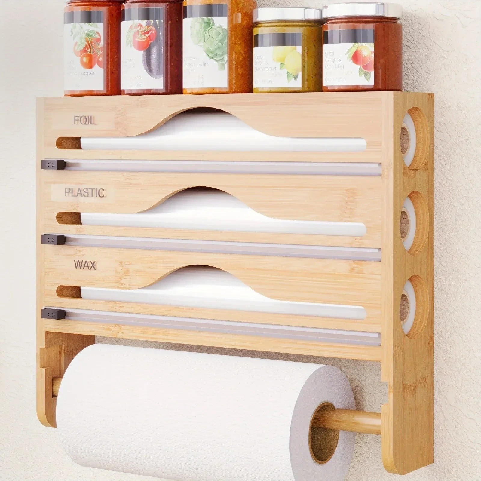 Bamboo Wall-Mounted Cling Film & Kitchen Paper Dispenser with Cutter and 3 Compartments