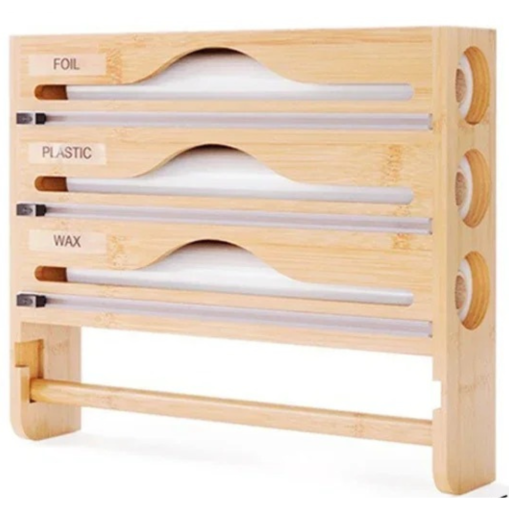 Bamboo Wall-Mounted Cling Film & Kitchen Paper Dispenser with Cutter and 3 Compartments
