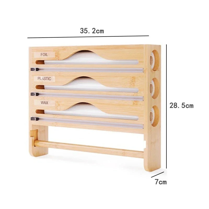 Bamboo Wall-Mounted Cling Film & Kitchen Paper Dispenser with Cutter and 3 Compartments