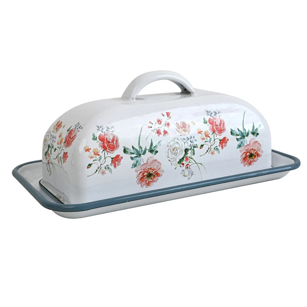 Enamel Butter Dish with Wooden Lid – Large Farmhouse Style Countertop Storage Container