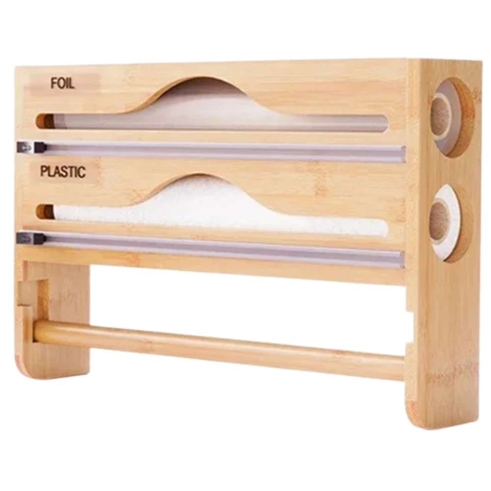 Bamboo 2-Grid Cling Film & Foil Cutter Box with Wall-Mounted Paper Towel Shelf