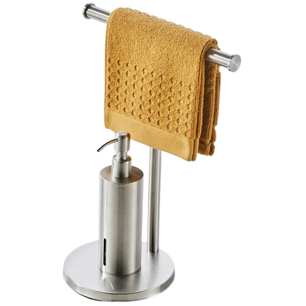 Gold Wall-Mounted Soap Dispenser with Towel Rack for Bathroom & Kitchen