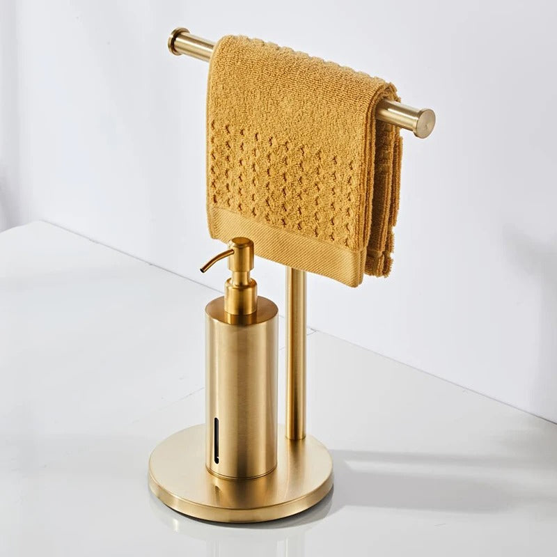 Gold Wall-Mounted Soap Dispenser with Towel Rack for Bathroom & Kitchen