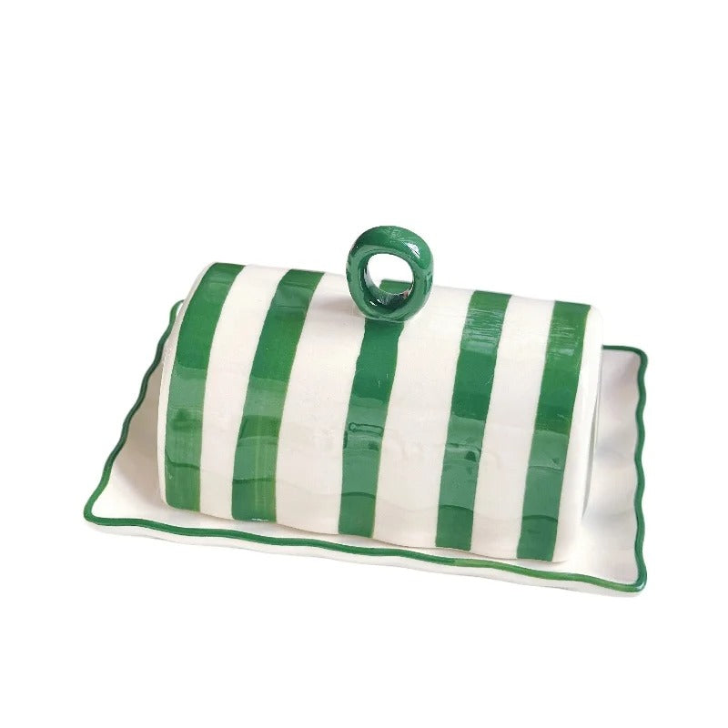 Nordic Striped Ceramic Butter Dish with Lid – Tabletop Cheese & Food Storage Box