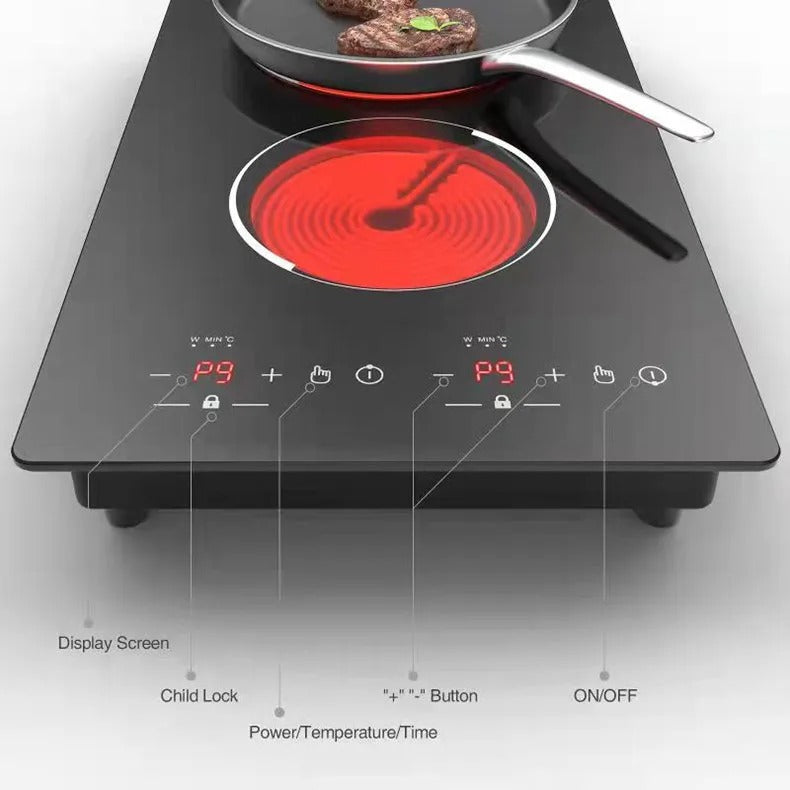 Dual Burner Electric Cooktop, Glass Surface, Touch Control, 2400W, Built-In Design