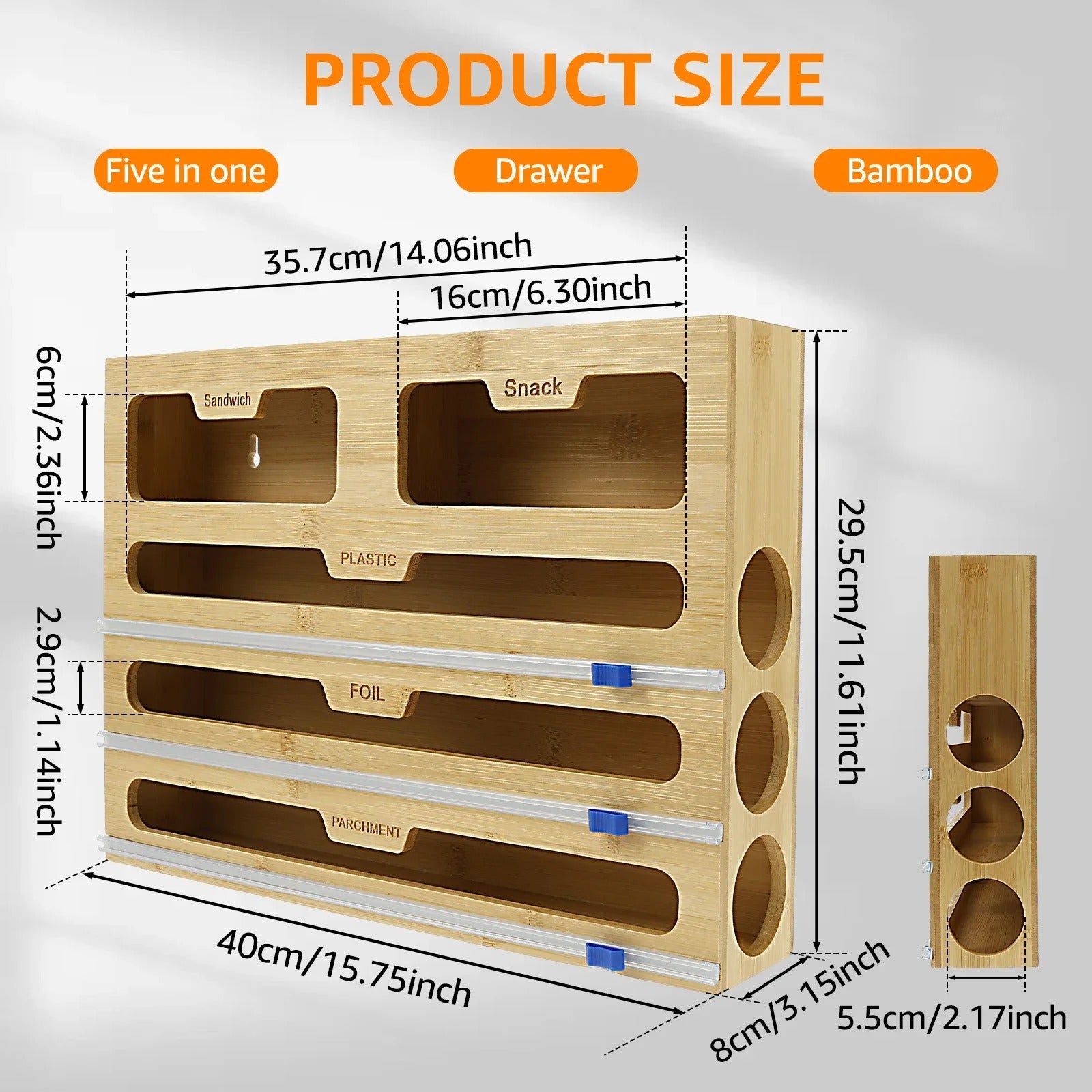 5-in-1 Bamboo Kitchen Wrap Dispenser with Sliding Cutters & Zip Bag Storage