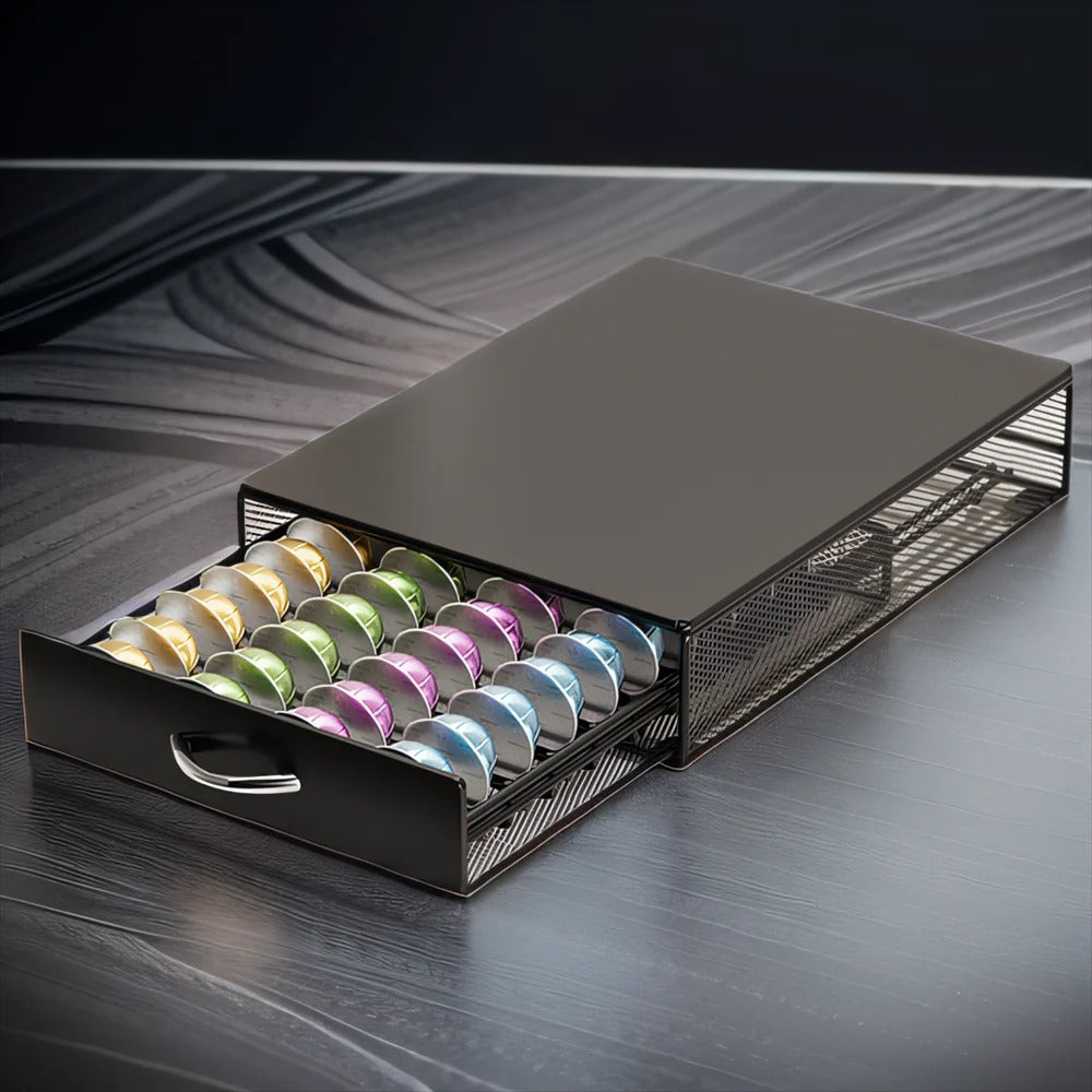 40 Capsule Metal Coffee Pod Drawer – Space-Saving Storage Rack for Large Coffee Capsules