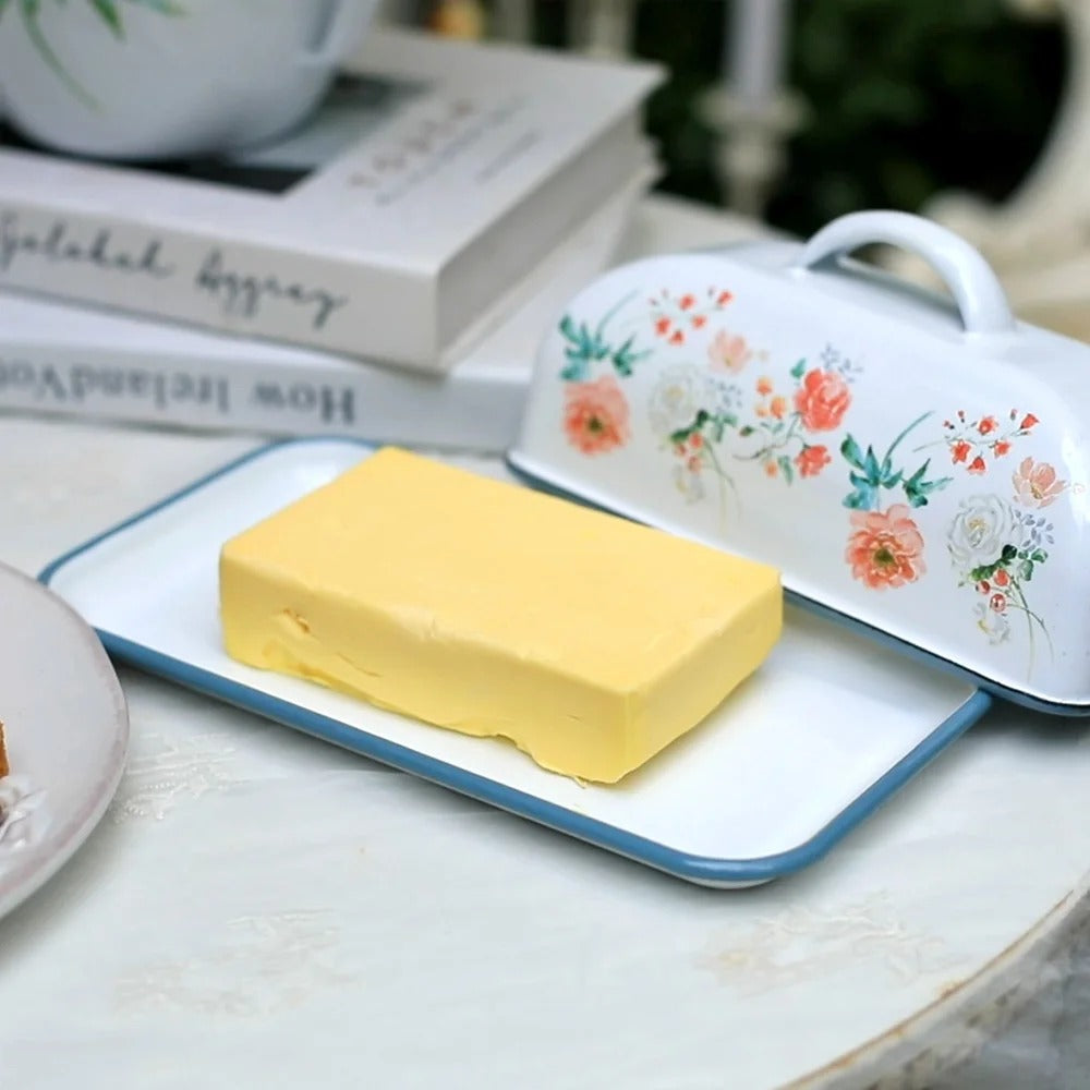 Enamel Butter Dish with Wooden Lid – Large Farmhouse Style Countertop Storage Container
