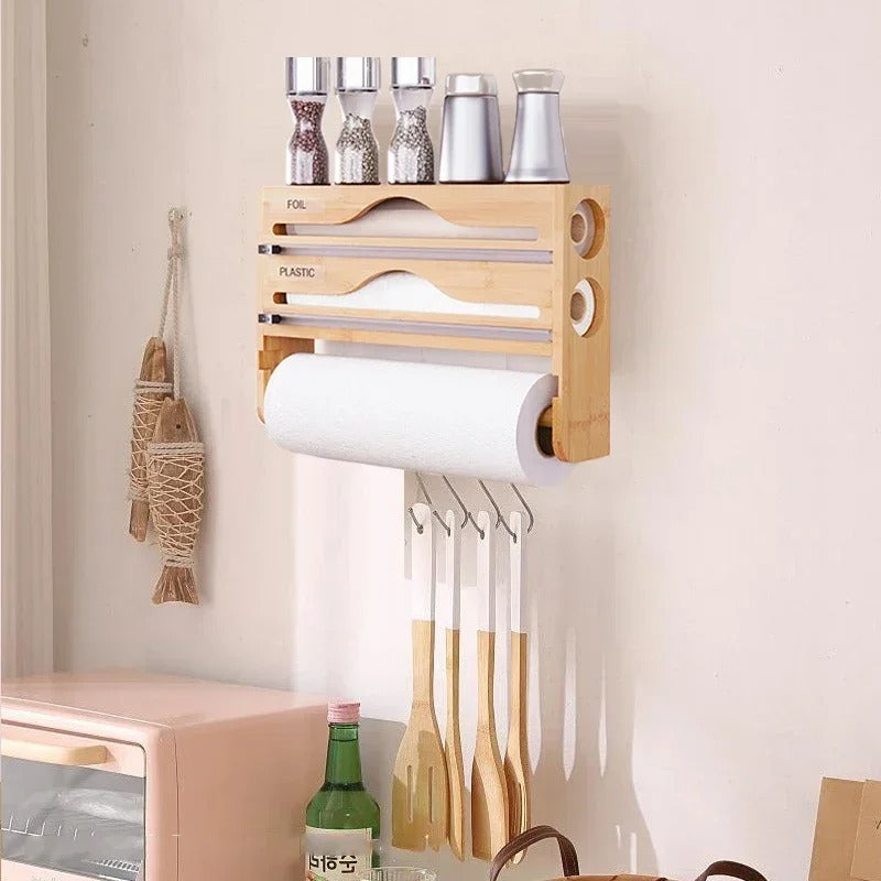 Bamboo 2-Grid Cling Film & Foil Cutter Box with Wall-Mounted Paper Towel Shelf