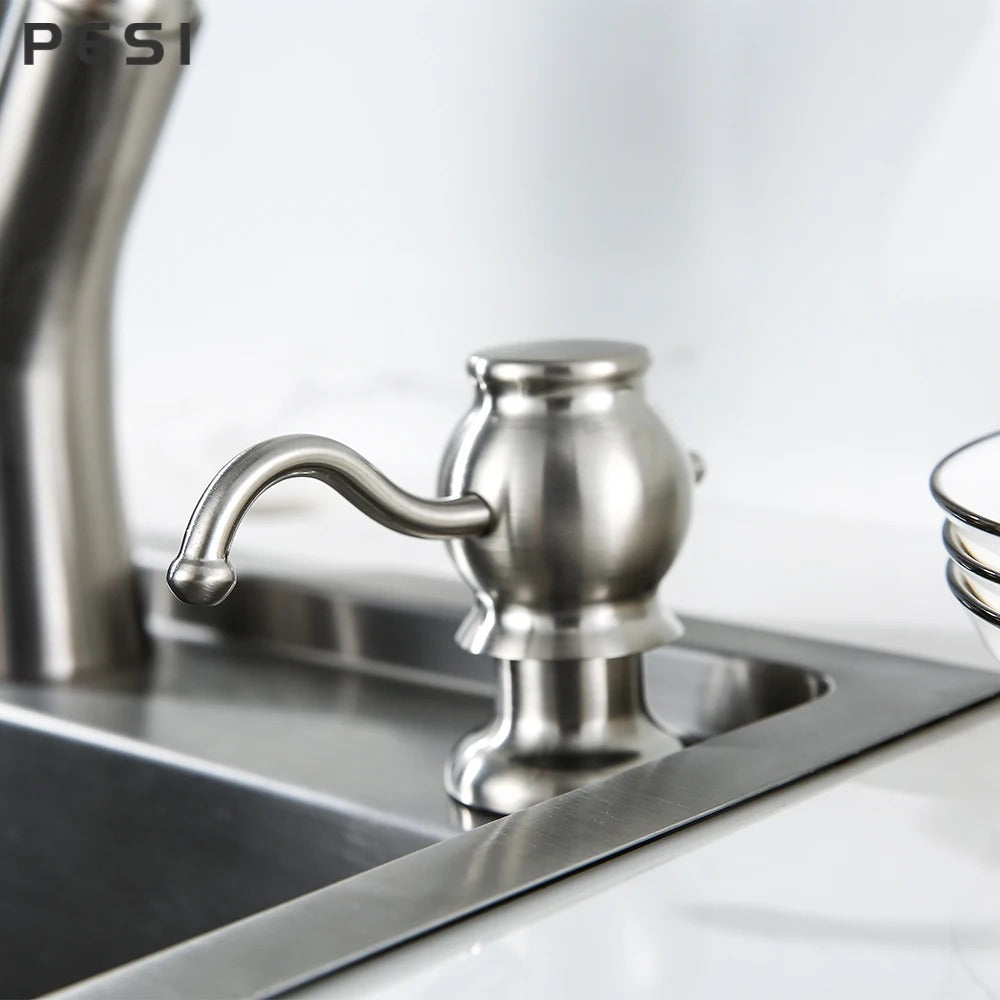 Deck-Mounted Kitchen Soap Dispenser – 360° Rotatable Brass Pump, Built-in Countertop, Multiple Finishes