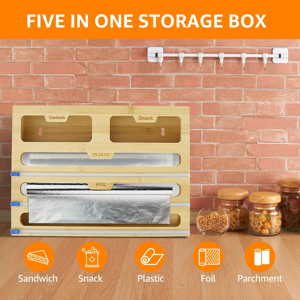 5-in-1 Bamboo Kitchen Wrap Dispenser with Sliding Cutters & Zip Bag Storage