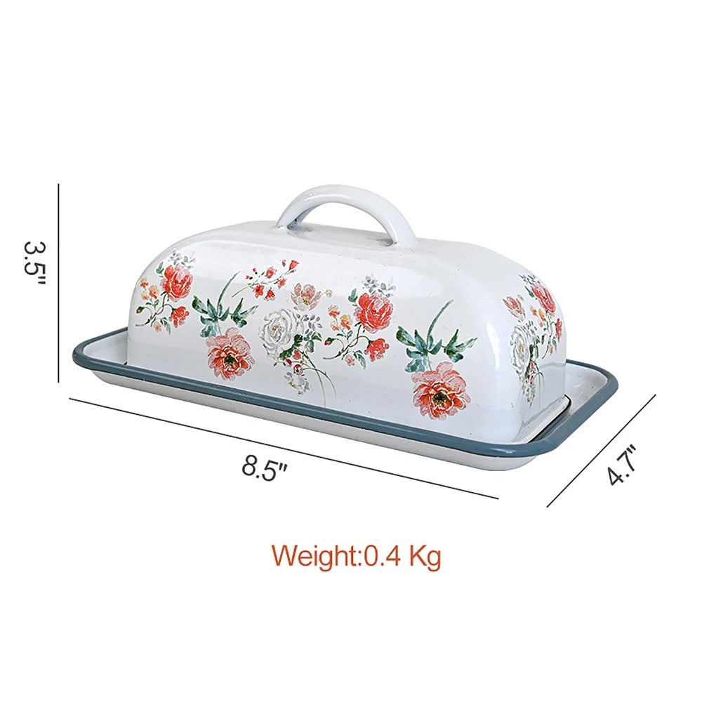 Enamel Butter Dish with Wooden Lid – Large Farmhouse Style Countertop Storage Container