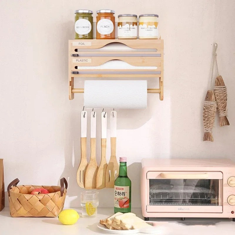 Bamboo Wall-Mounted Cling Film & Kitchen Paper Dispenser with Cutter and 3 Compartments