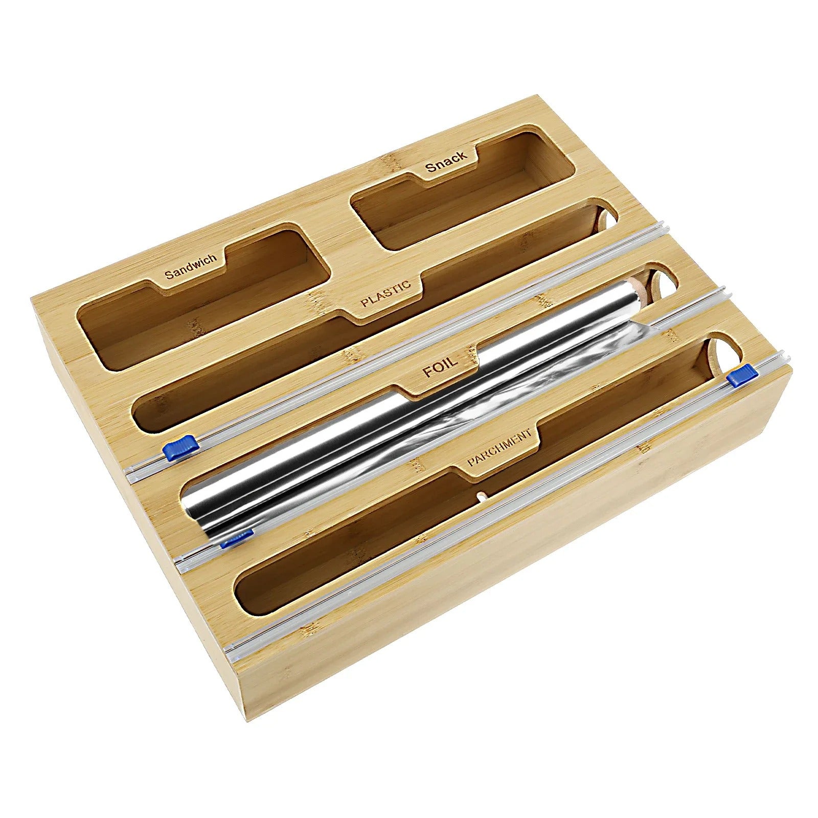5-in-1 Bamboo Kitchen Wrap Dispenser with Sliding Cutters & Zip Bag Storage