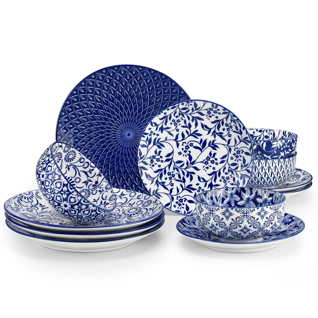 12-Piece Blue & White Porcelain Dinnerware Set with Plates and Bowls – Chinese Style Tableware