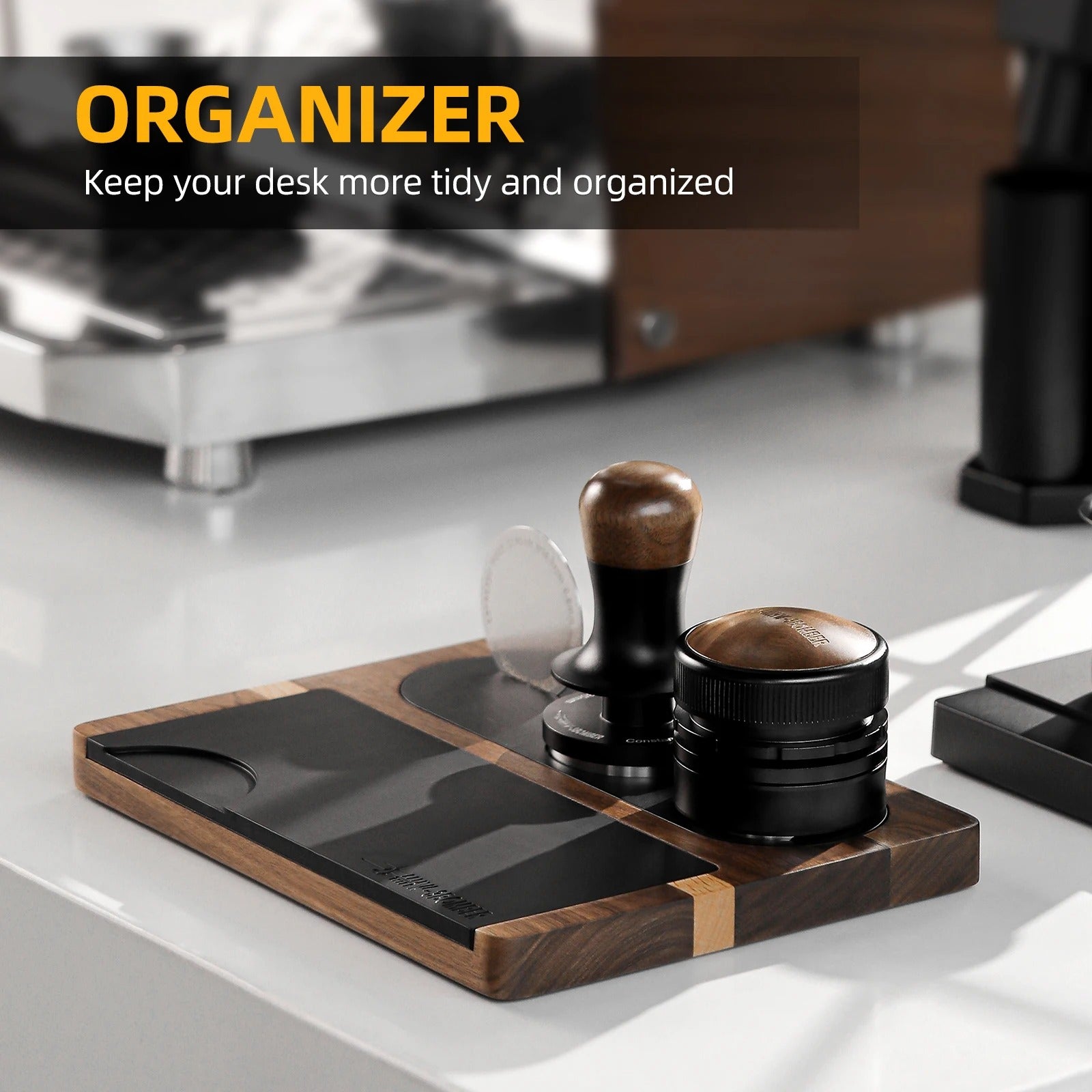 Multi-Function Espresso Tamping Station with Silicone Mat, Wooden Countertop Barista Stand
