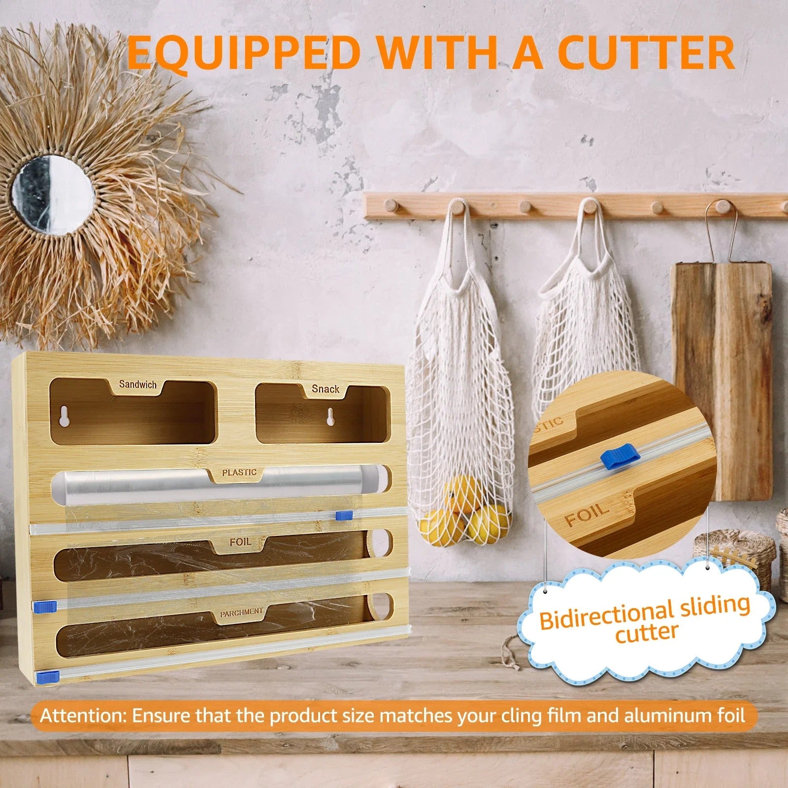 5-in-1 Bamboo Kitchen Wrap Dispenser with Sliding Cutters & Zip Bag Storage