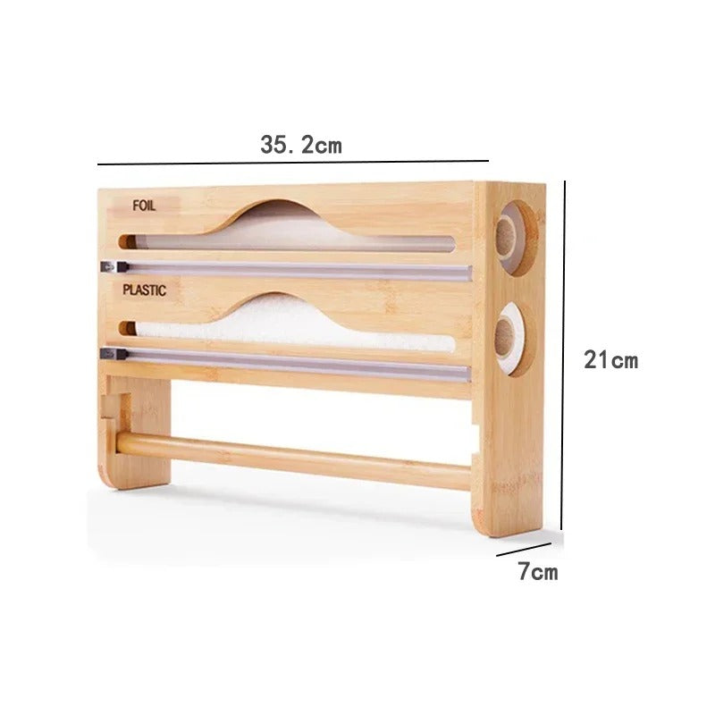 Bamboo 2-Grid Cling Film & Foil Cutter Box with Wall-Mounted Paper Towel Shelf