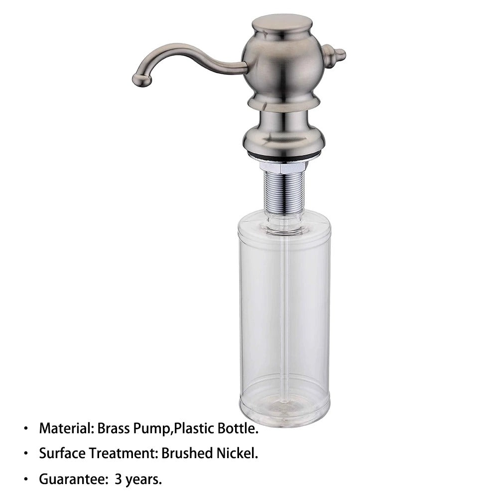 Deck-Mounted Kitchen Soap Dispenser – 360° Rotatable Brass Pump, Built-in Countertop, Multiple Finishes