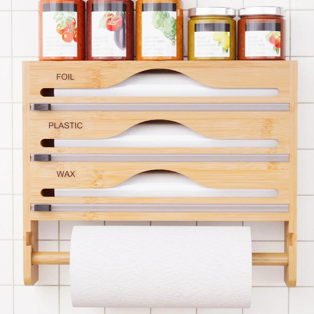 Bamboo Wall-Mounted Cling Film & Kitchen Paper Dispenser with Cutter and 3 Compartments