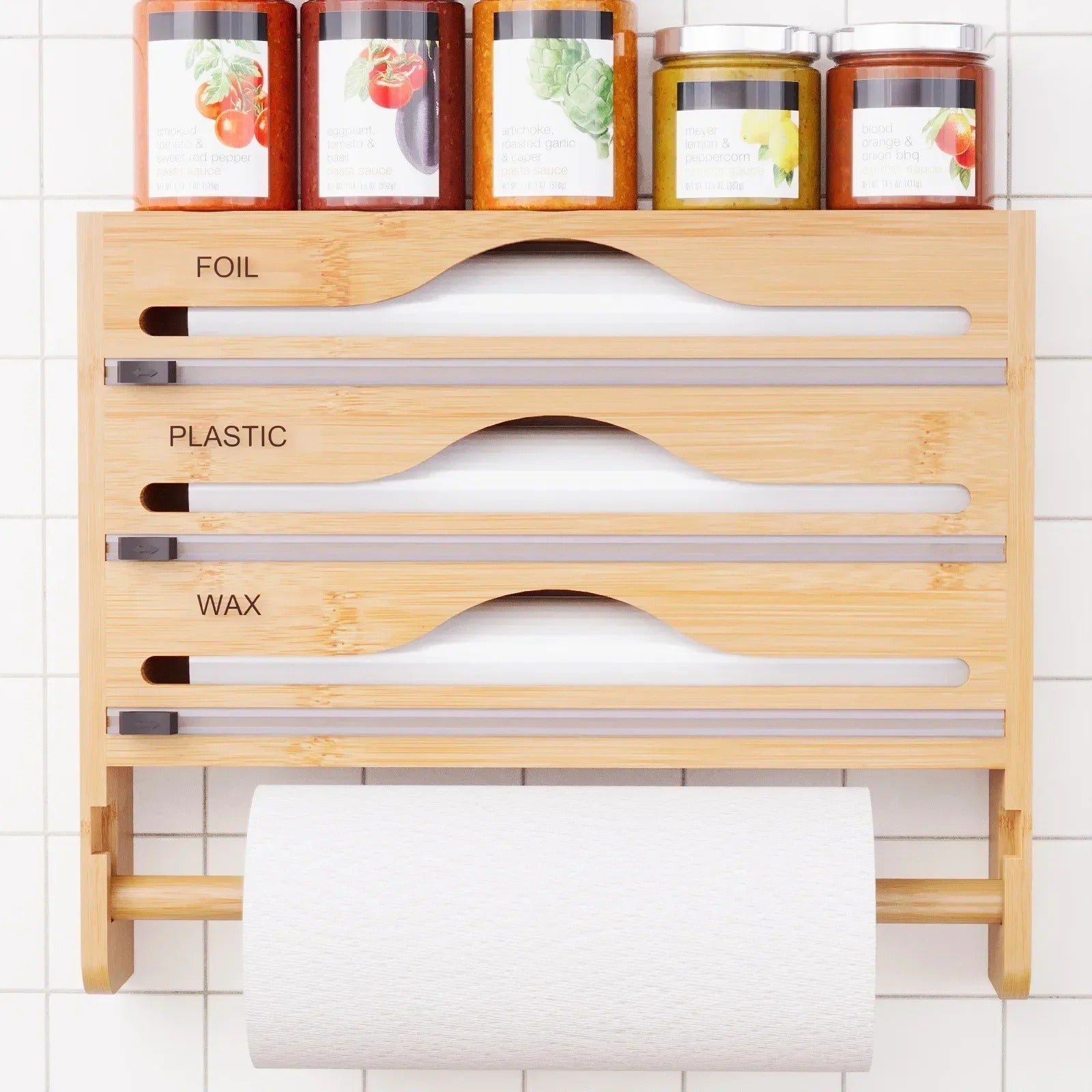 Bamboo Wall-Mounted Cling Film & Kitchen Paper Dispenser with Cutter and 3 Compartments