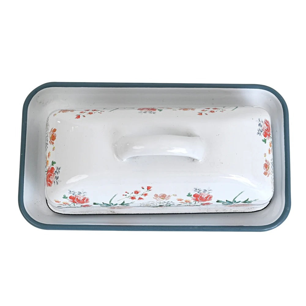 Enamel Butter Dish with Wooden Lid – Large Farmhouse Style Countertop Storage Container