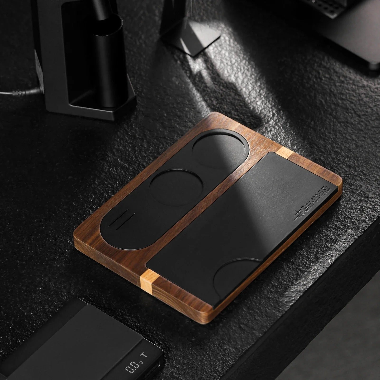 Multi-Function Espresso Tamping Station with Silicone Mat, Wooden Countertop Barista Stand