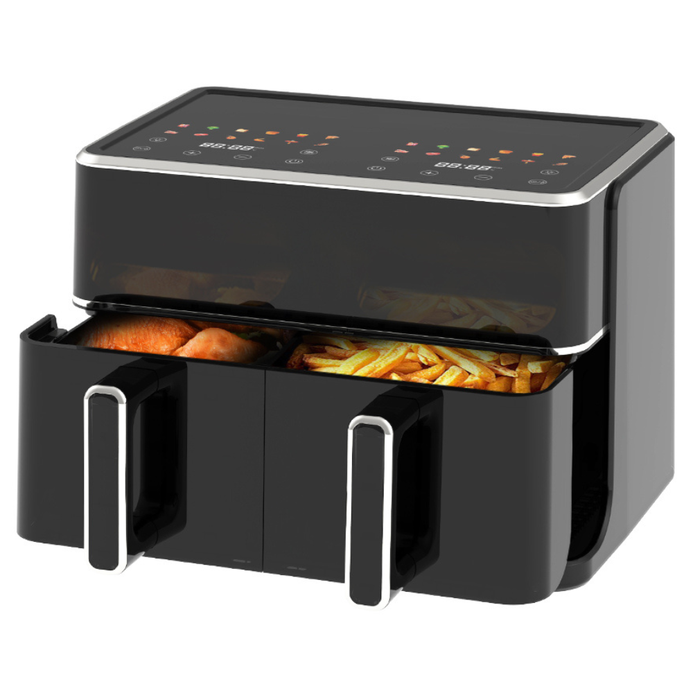 10L Dual Basket Digital Air Fryer with Viewing Window and Non-Stick Cooking Pots Black