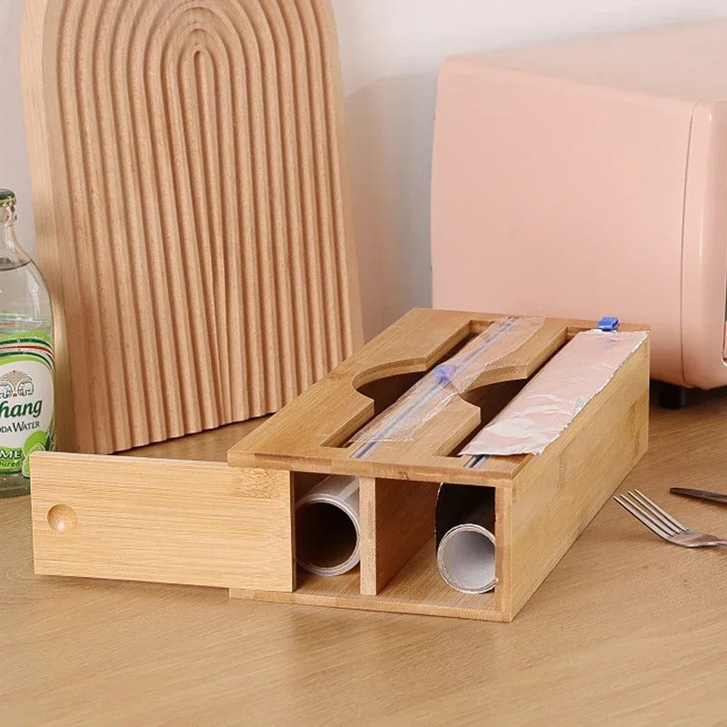 Bamboo 2-Grid Cling Film & Foil Cutter Box with Wall-Mounted Paper Towel Shelf