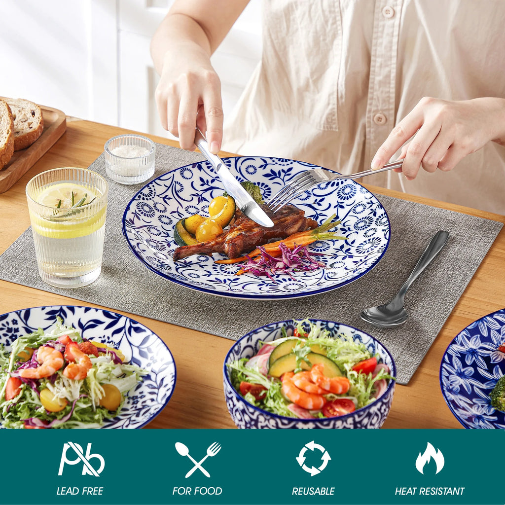 12-Piece Blue & White Porcelain Dinnerware Set with Plates and Bowls – Chinese Style Tableware