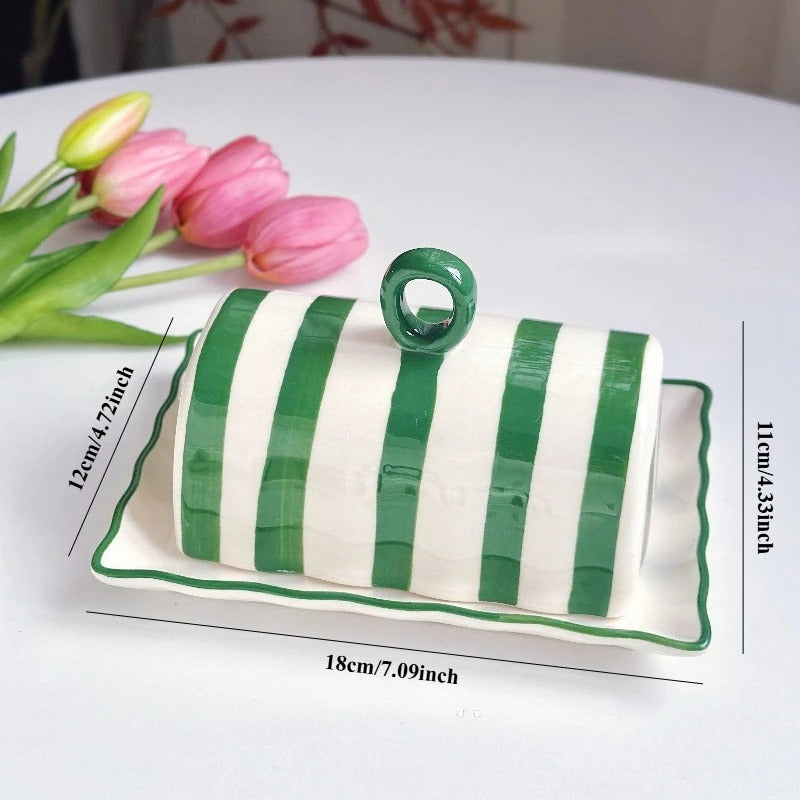 Nordic Striped Ceramic Butter Dish with Lid – Tabletop Cheese & Food Storage Box