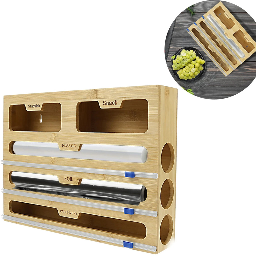 5-in-1 Bamboo Kitchen Wrap Dispenser with Sliding Cutters & Zip Bag Storage