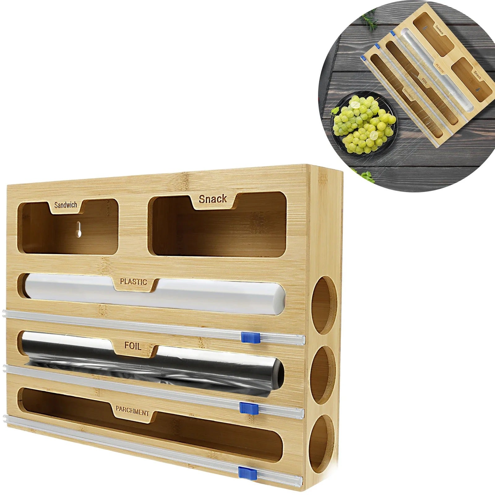 5-in-1 Bamboo Kitchen Wrap Dispenser with Sliding Cutters & Zip Bag Storage