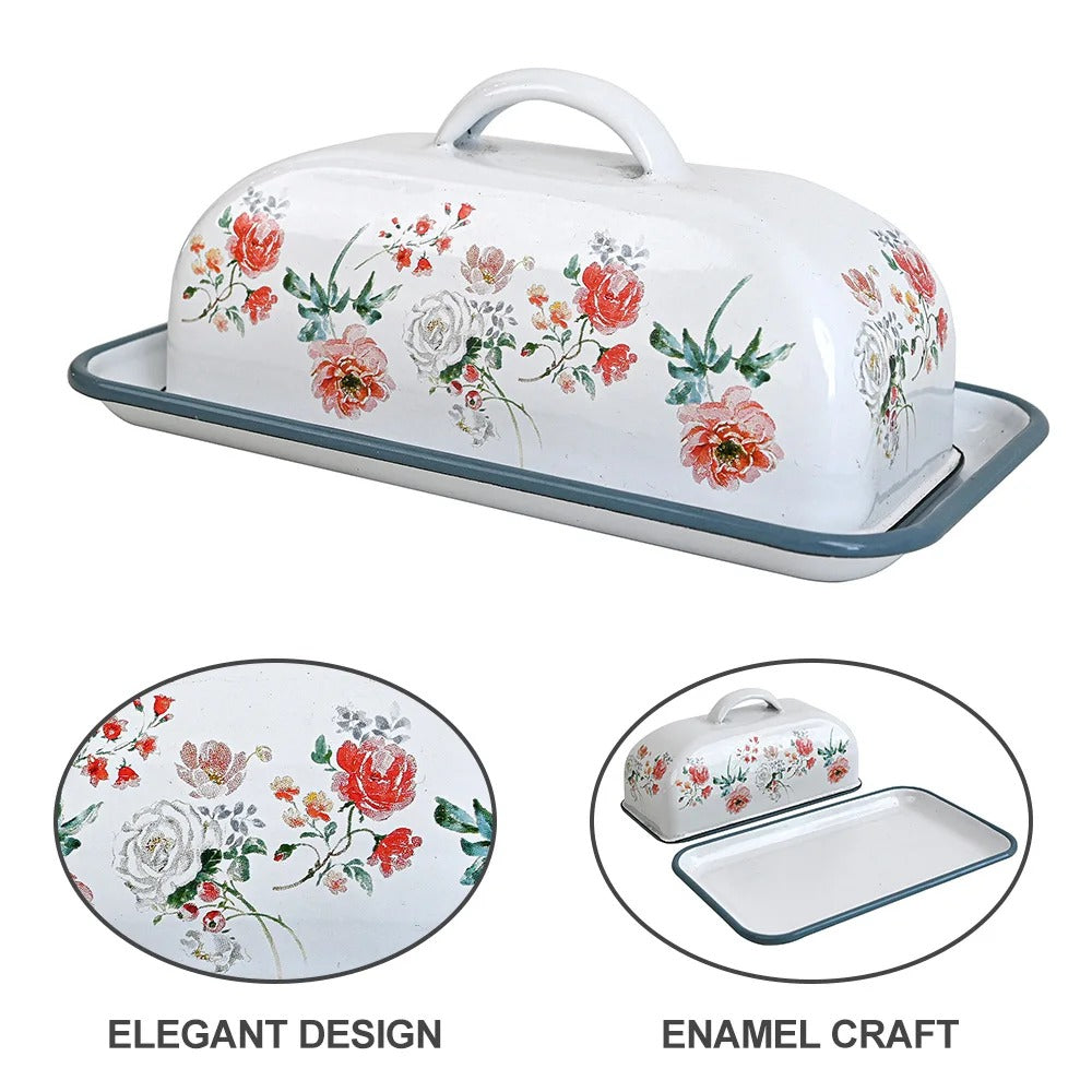 Enamel Butter Dish with Wooden Lid – Large Farmhouse Style Countertop Storage Container