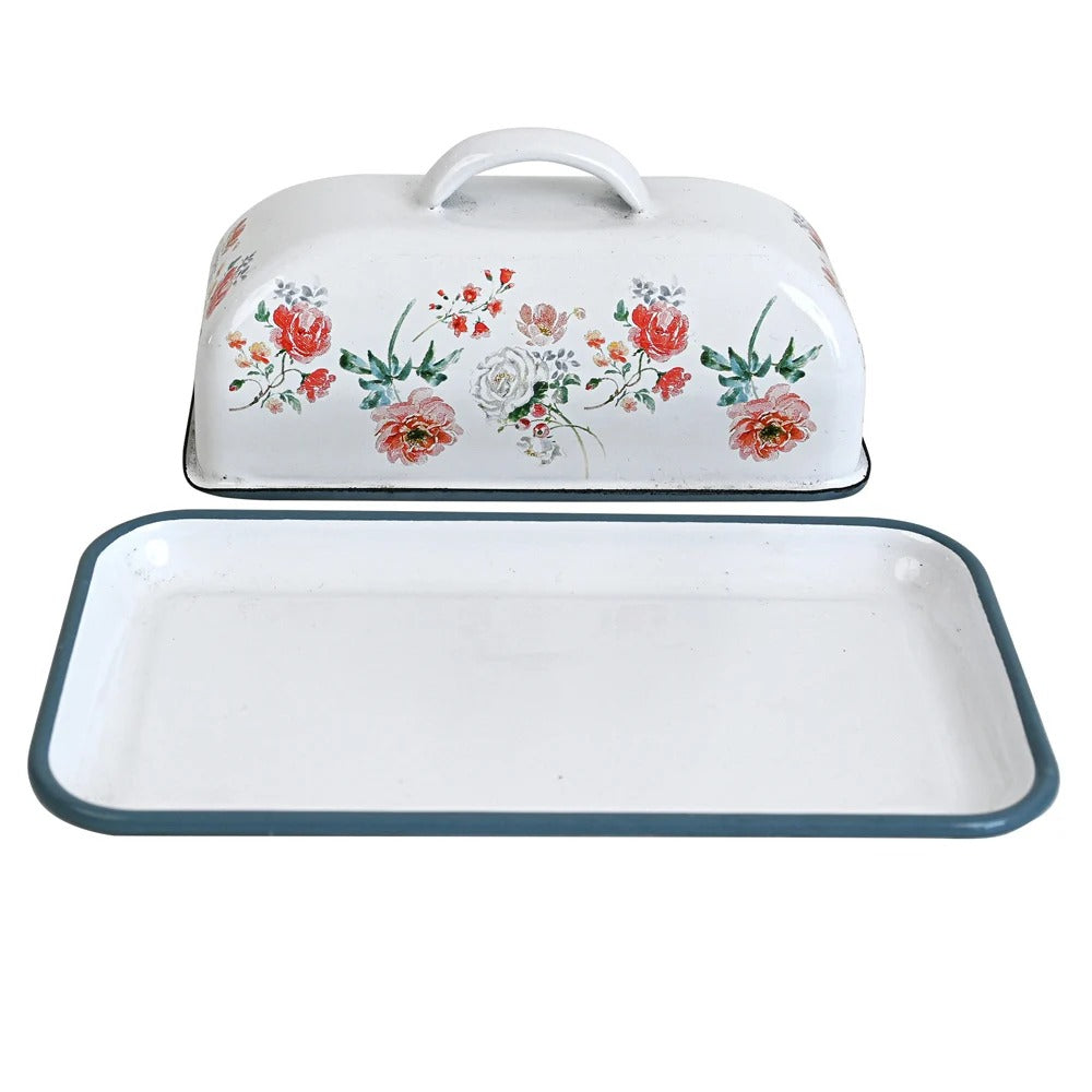 Enamel Butter Dish with Wooden Lid – Large Farmhouse Style Countertop Storage Container