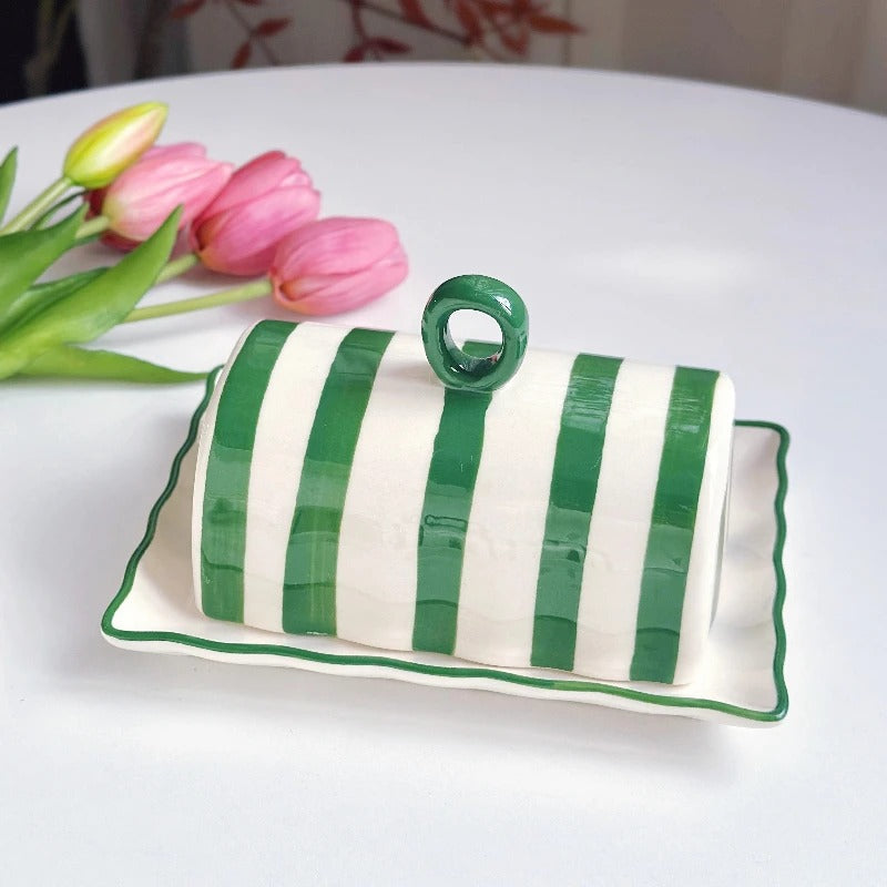 Nordic Striped Ceramic Butter Dish with Lid – Tabletop Cheese & Food Storage Box