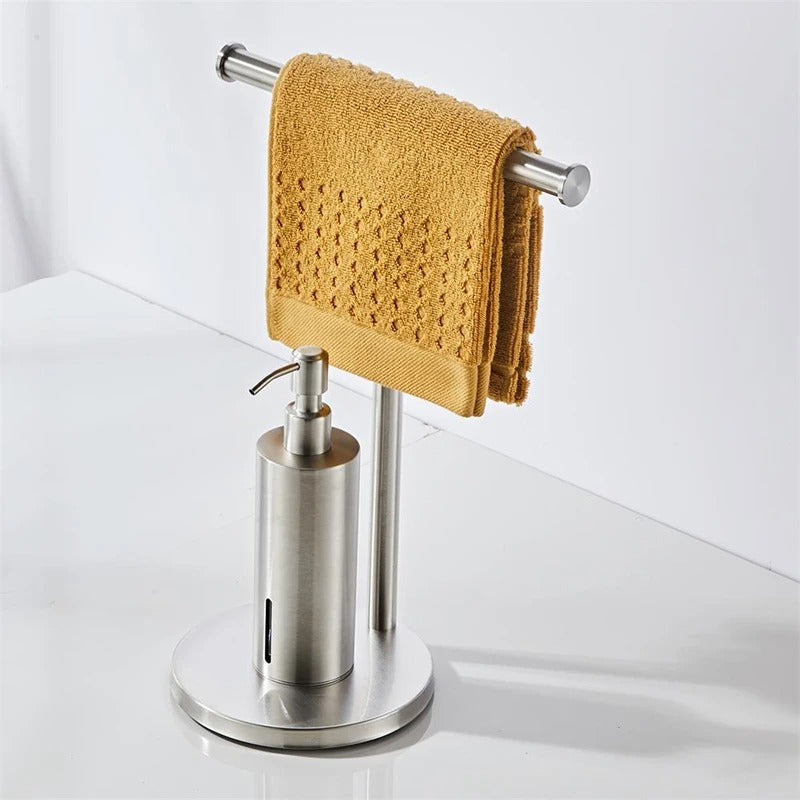 Gold Wall-Mounted Soap Dispenser with Towel Rack for Bathroom & Kitchen