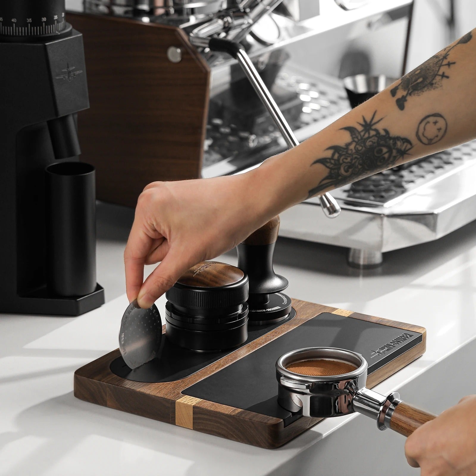 Multi-Function Espresso Tamping Station with Silicone Mat, Wooden Countertop Barista Stand