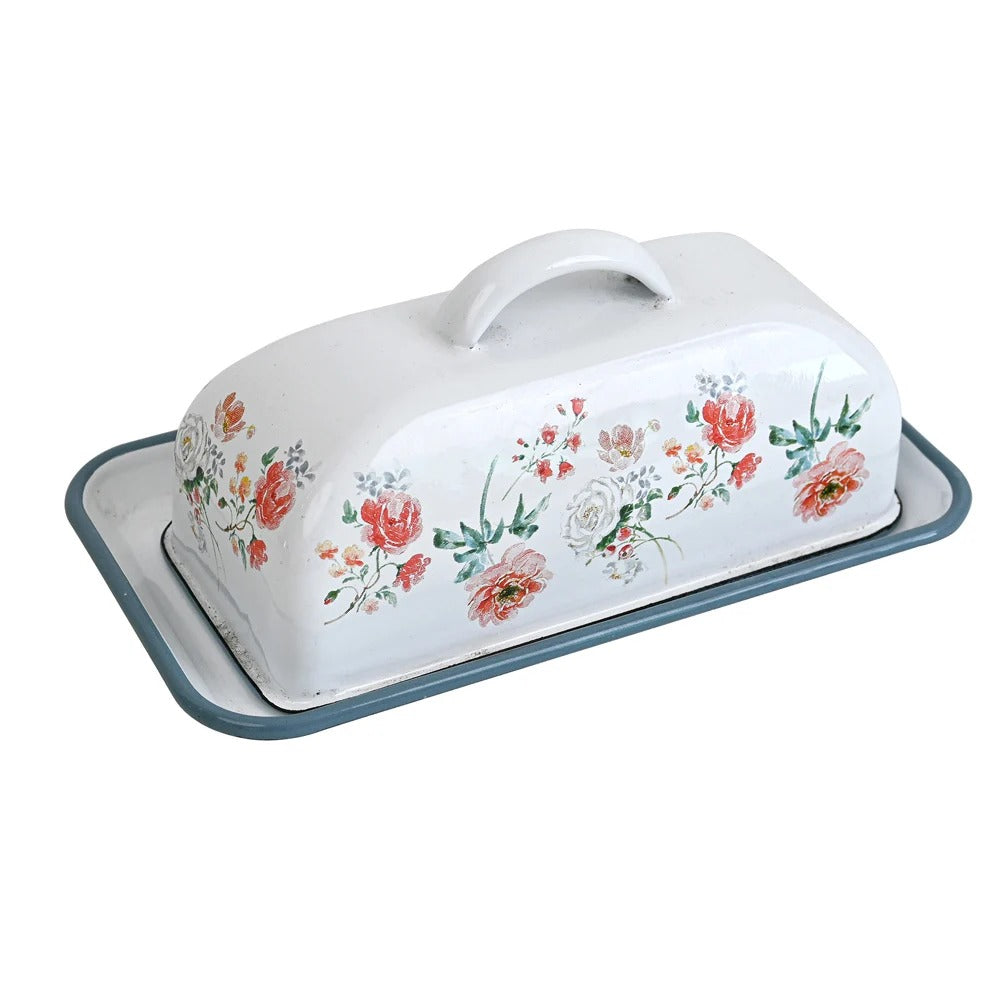 Enamel Butter Dish with Wooden Lid – Large Farmhouse Style Countertop Storage Container
