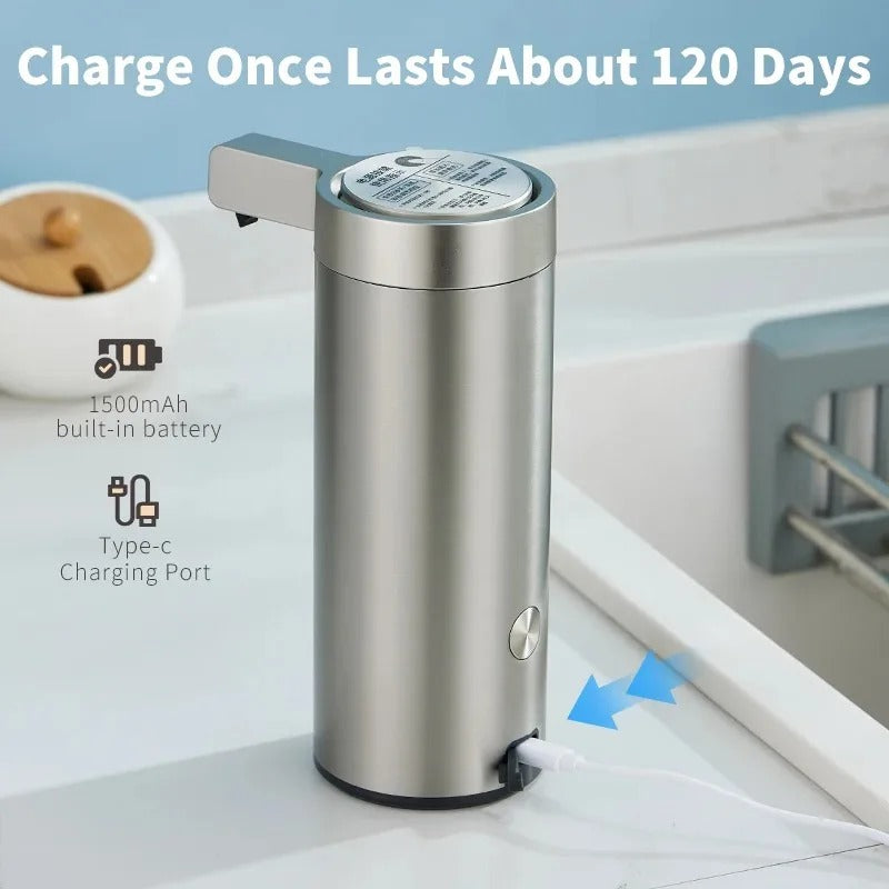 Automatic Stainless Steel Soap Dispenser with Motion Sensor, Rechargeable, IPX5 Waterproof