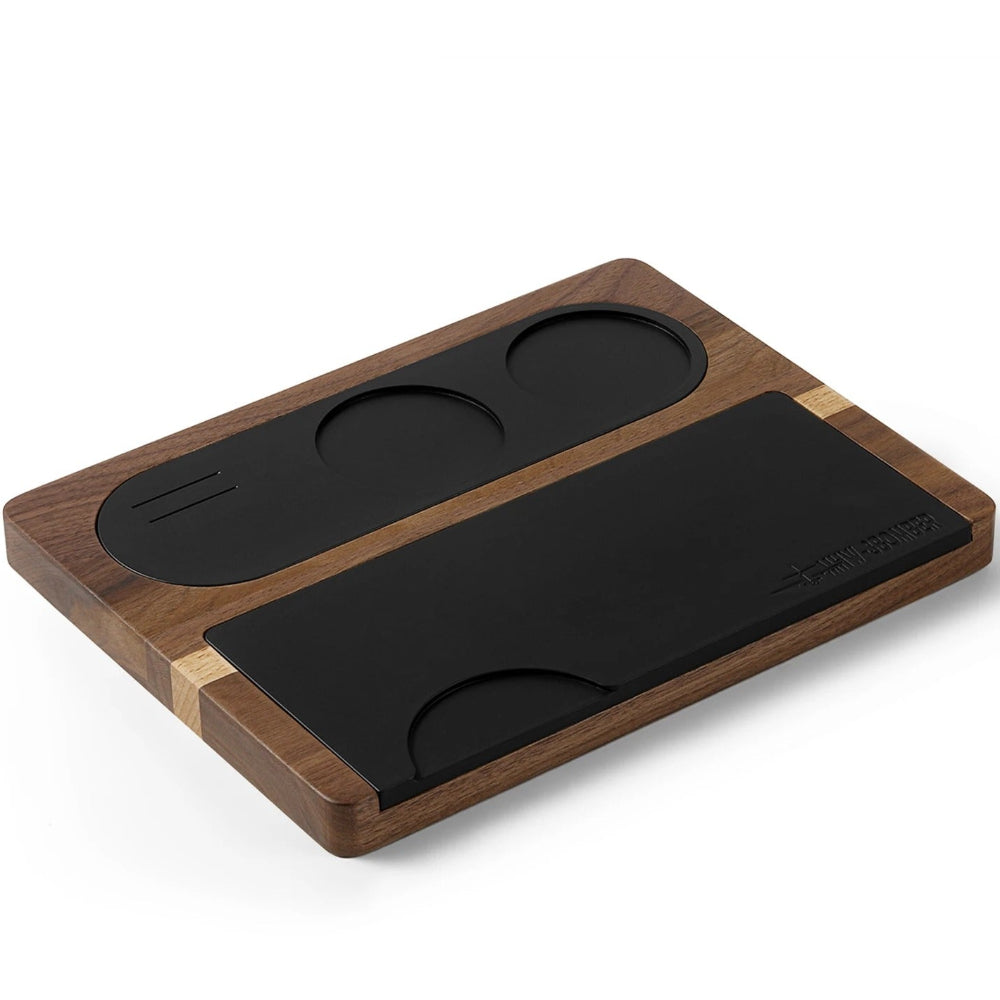 Multi-Function Espresso Tamping Station with Silicone Mat, Wooden Countertop Barista Stand