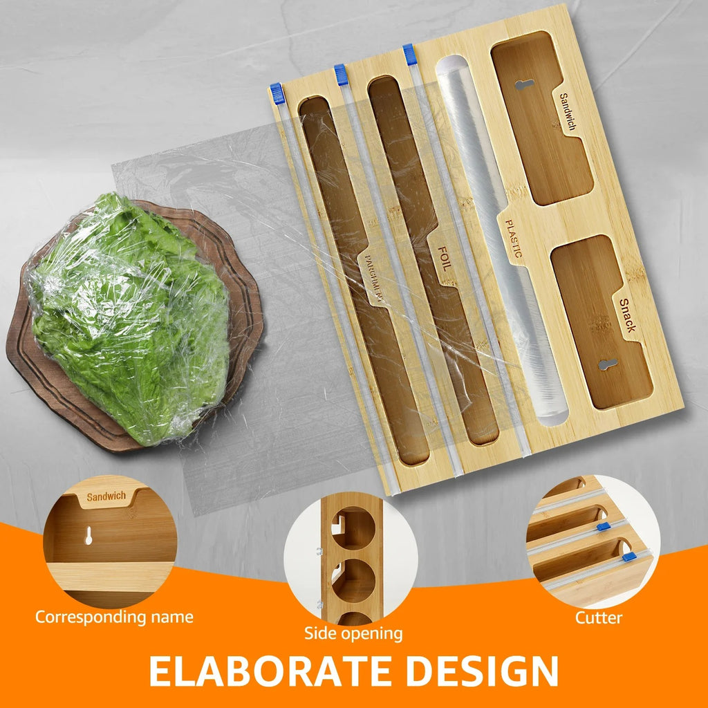 5-in-1 Bamboo Kitchen Wrap Dispenser with Sliding Cutters & Zip Bag Storage