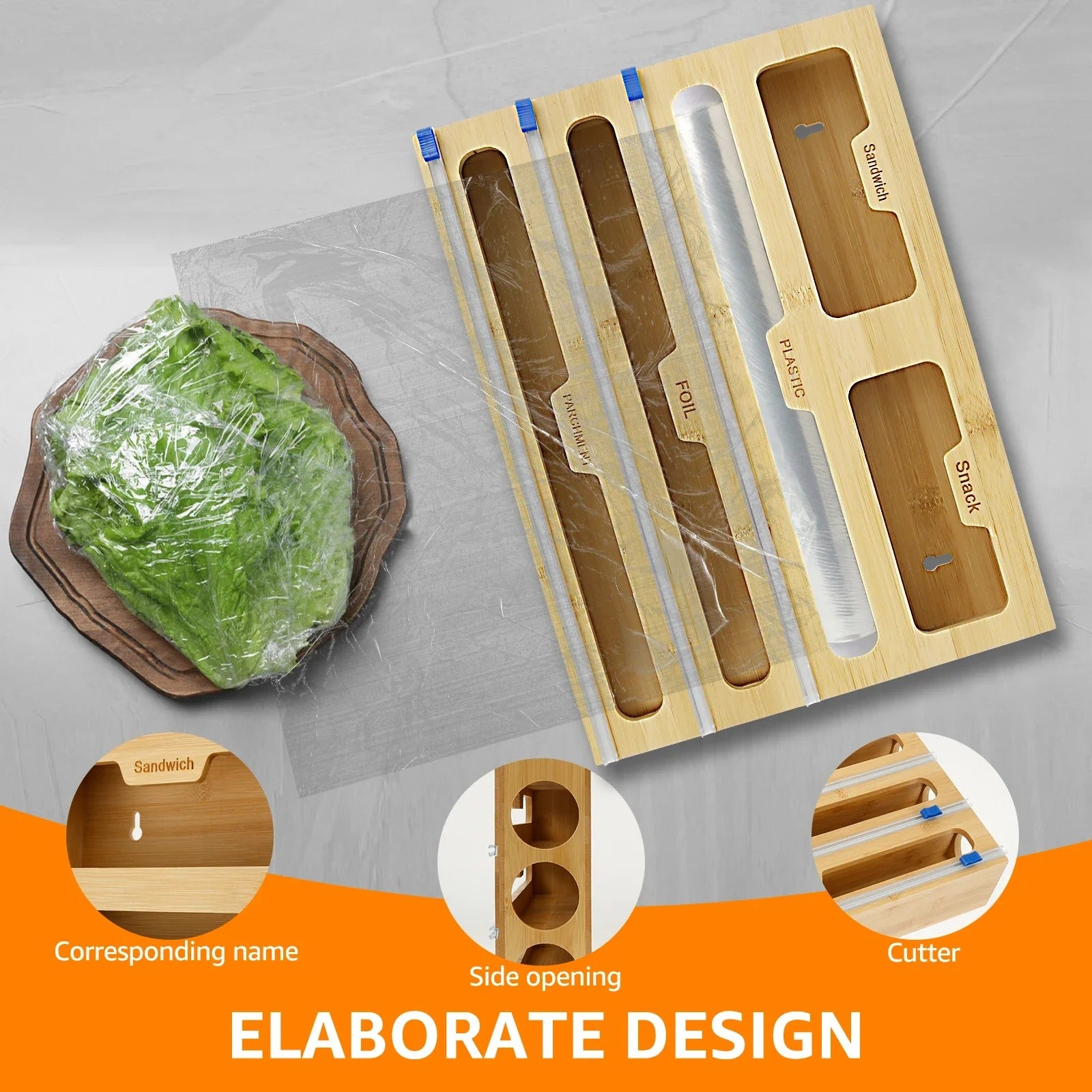 5-in-1 Bamboo Kitchen Wrap Dispenser with Sliding Cutters & Zip Bag Storage