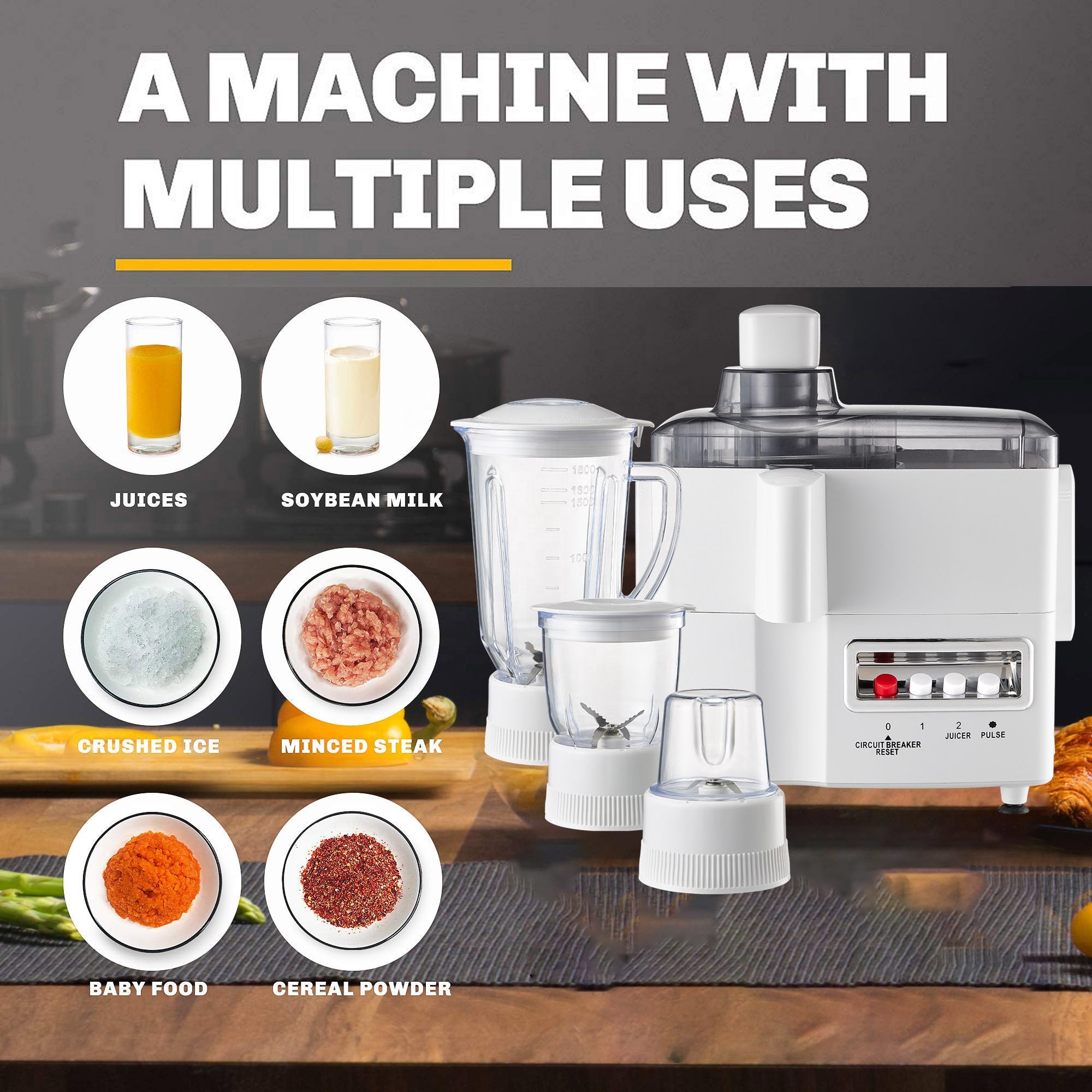 4-in-1 Masticating Juicer Blender with 4 Stainless Steel Blades, 1.8L Capacity, 650W Motor
