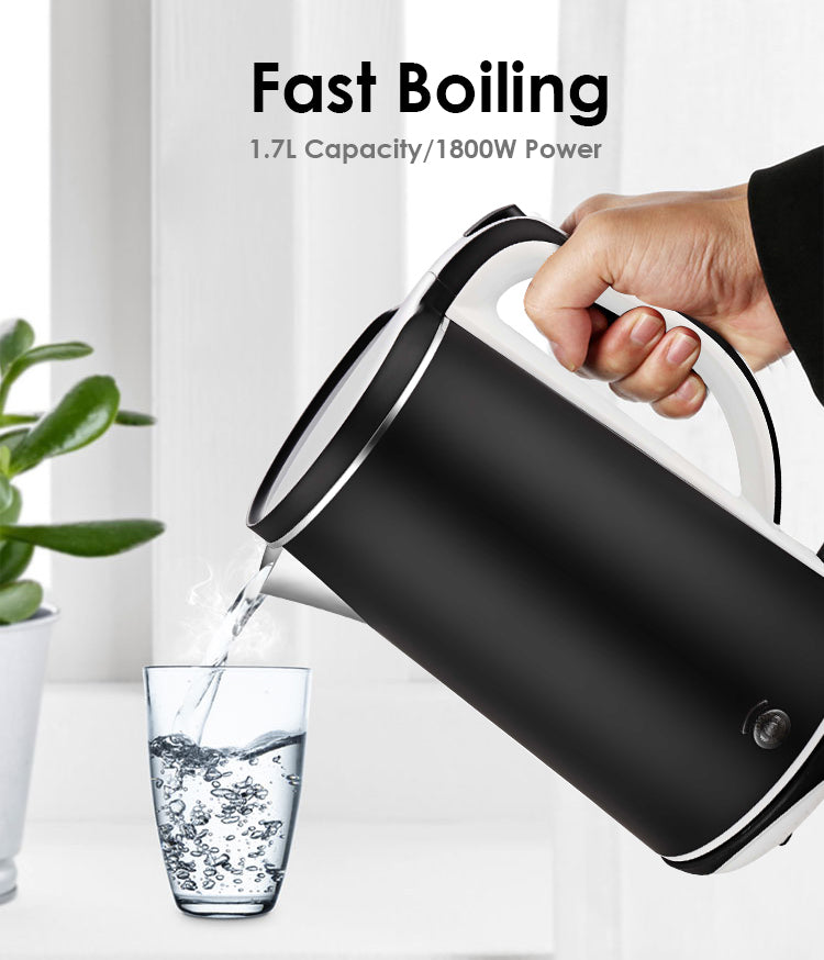 1.7L Stainless Steel Electric Kettle 1800W Cordless Double Wall Design with Rotational Base